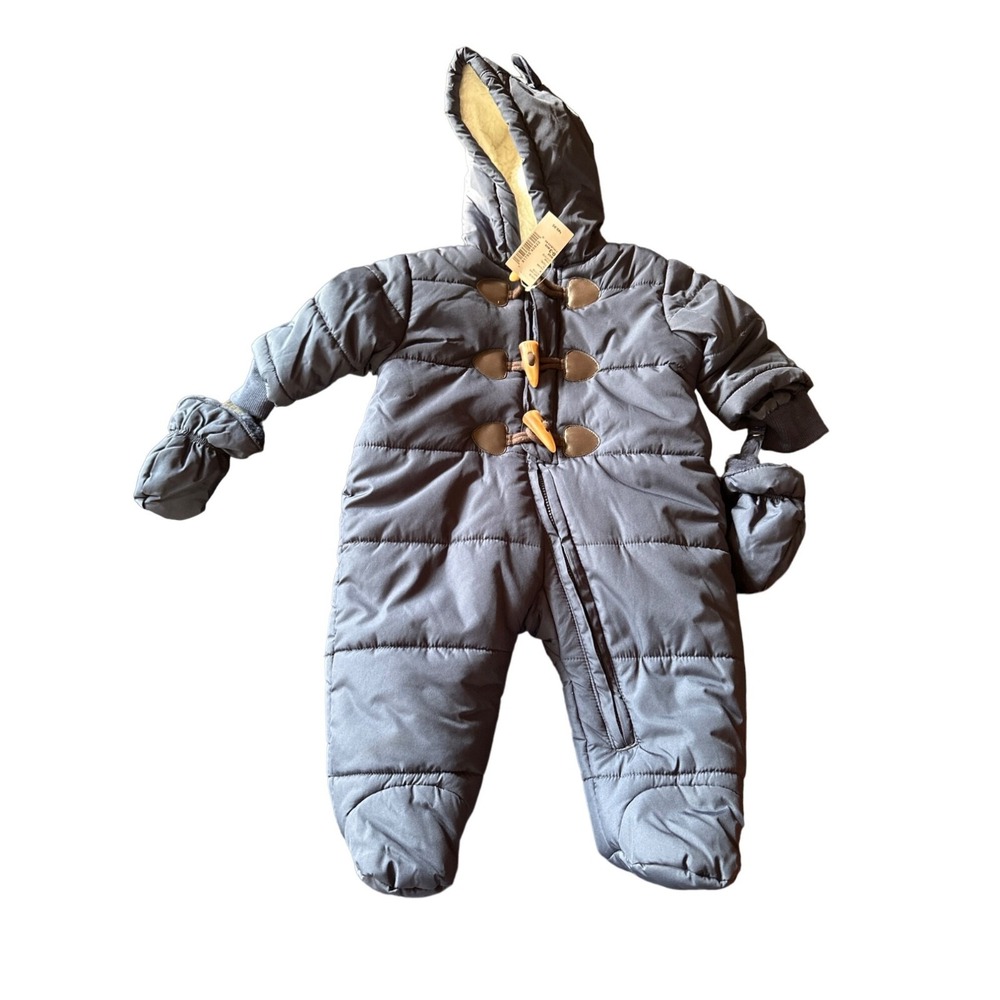 The Children's Place‎ Pram Snowsuit Tidal Blue Puffer Toggle Hooded Mittens 0-3M